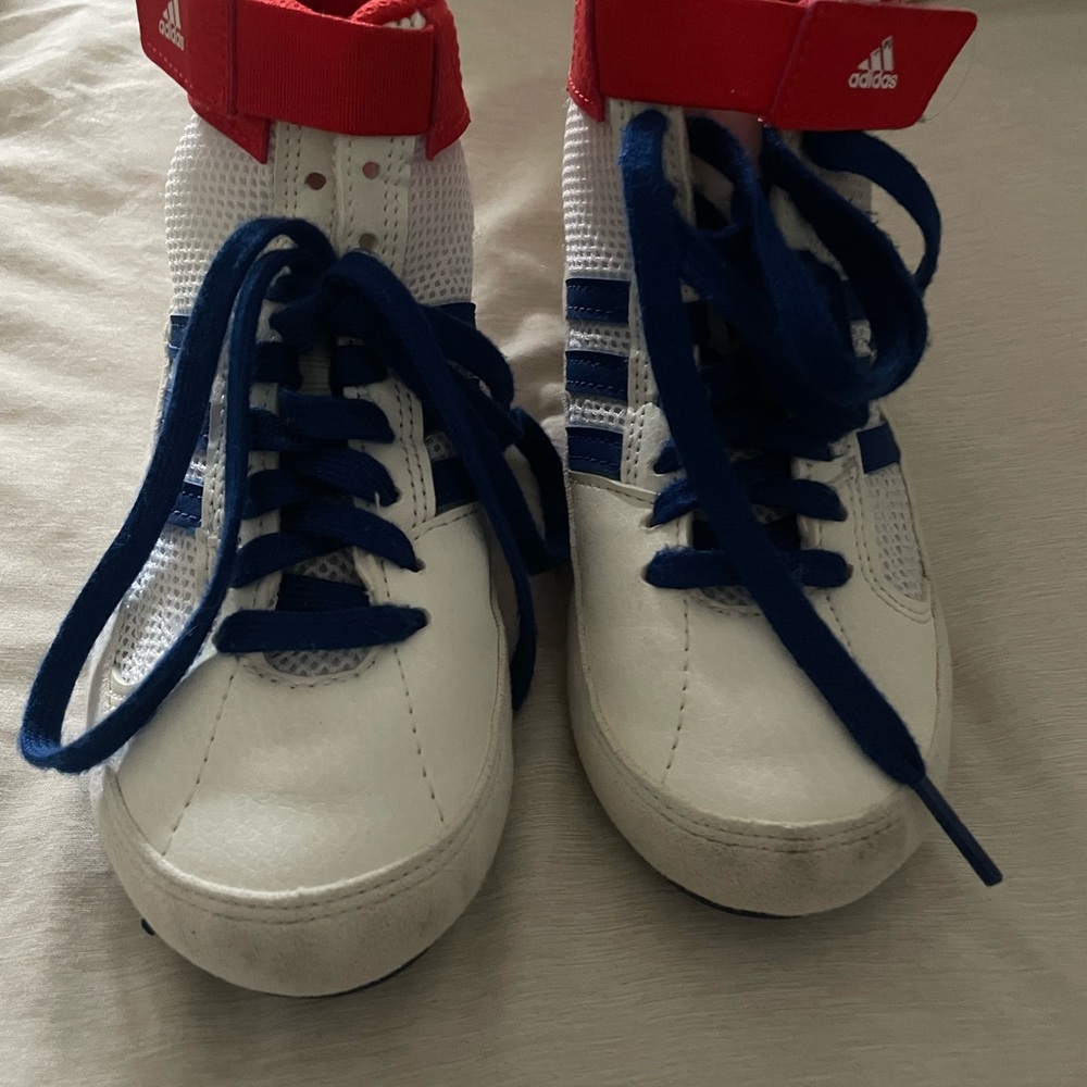 Adidas Kids' White and Blue High-Top Wrestling Sneakers